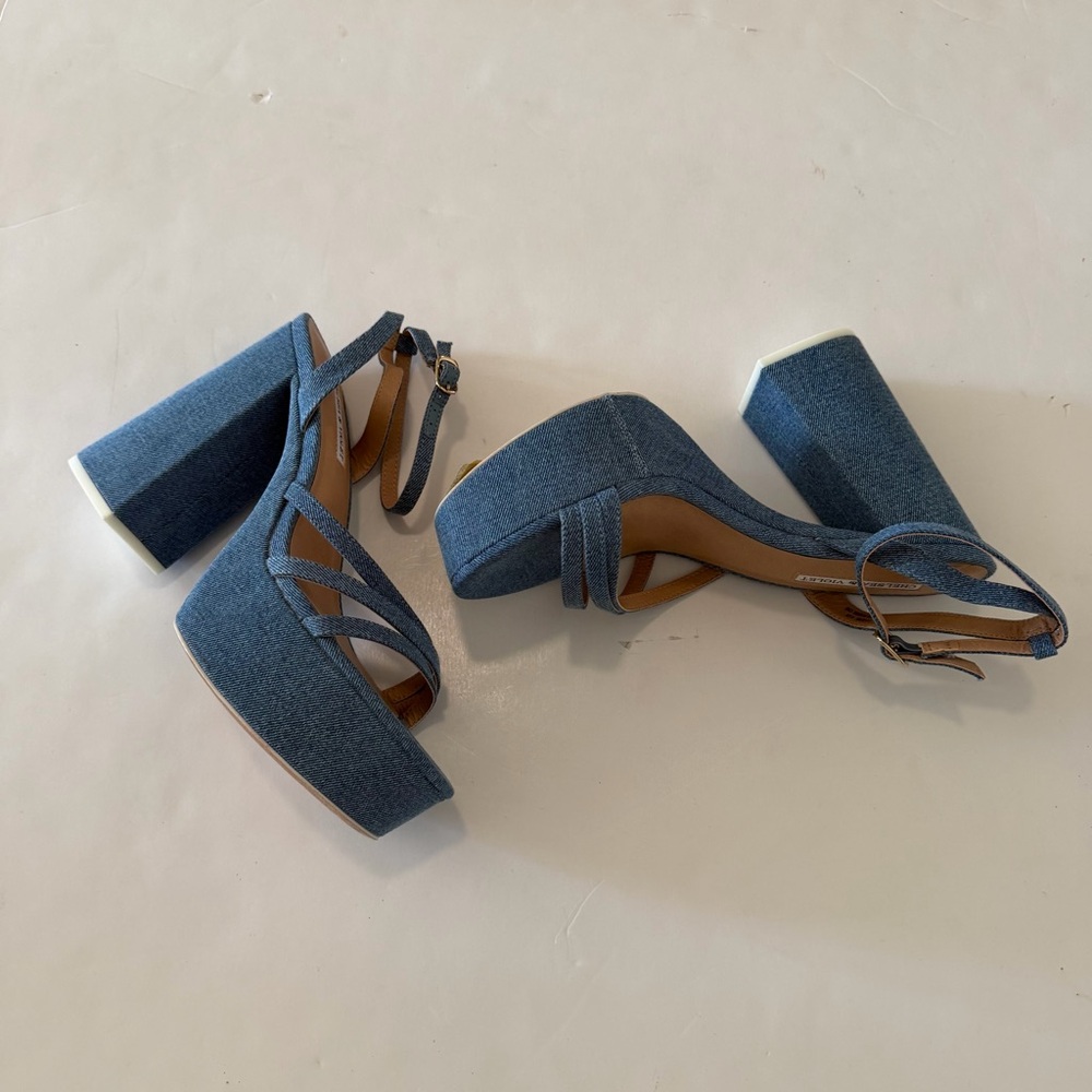 Chelsea & Violet Denim Blue Strappy Platform Heels Sandals - Picture 3 of 6